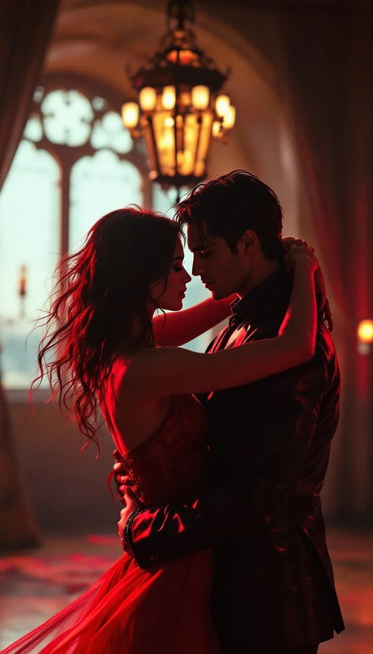 confident couple dancing with red light