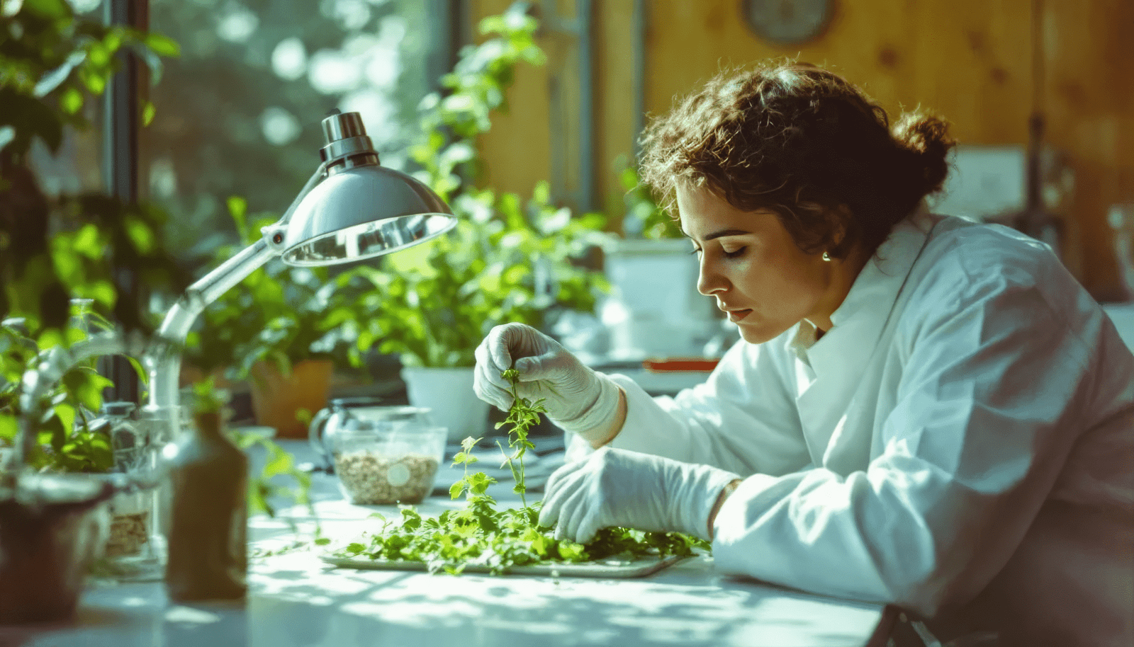 Caucasian scientist examining plants in a lab with white coat on.