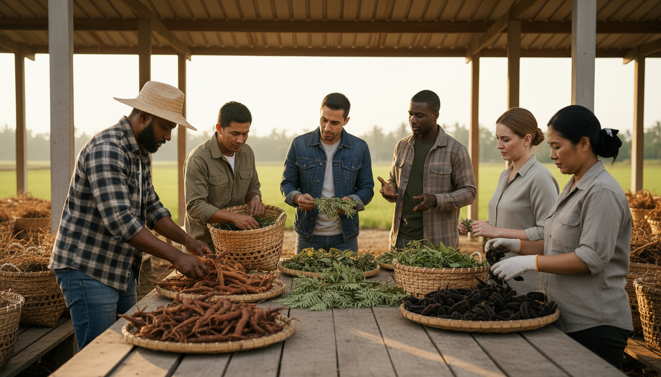 2 African American men, 1 Asian woman, 1 Caucasian woman and 2 Latino men standing and sorting out non-GMO ramitman ingredients