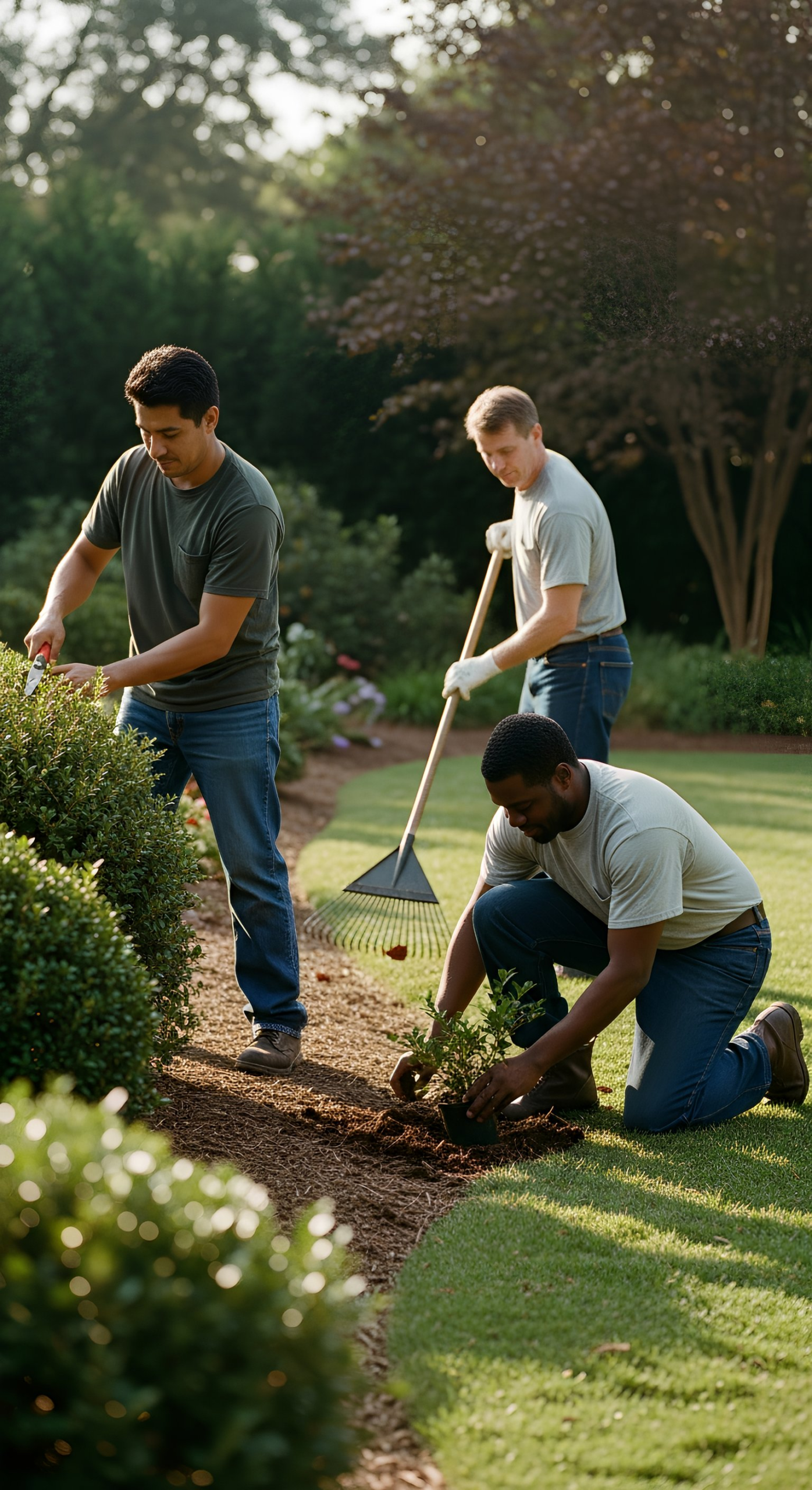 1 latino male, 1 caucasian male 1 african american man are outside doing landscape work.