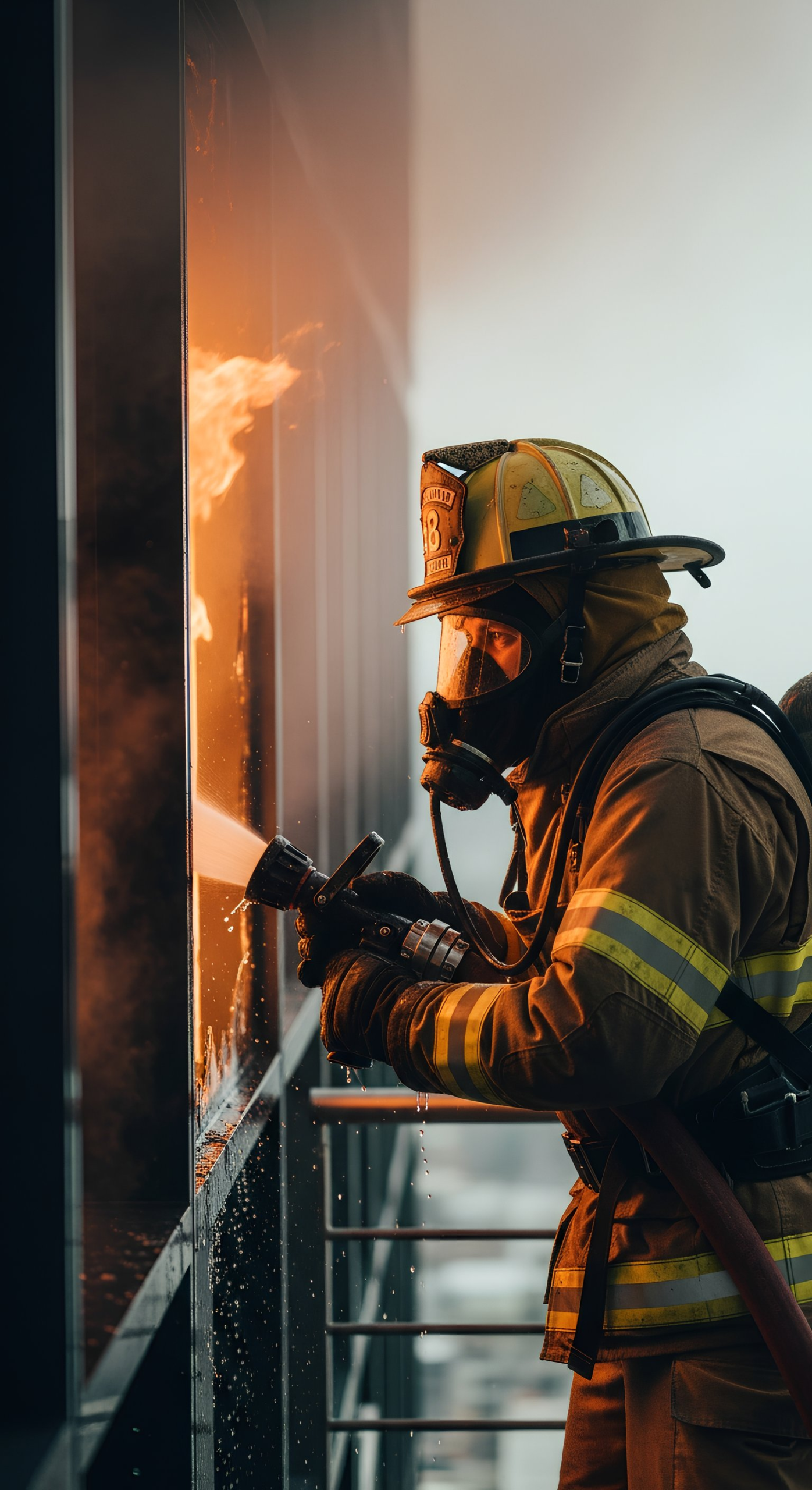 a firefighter on the job putting out a fire in a tall building