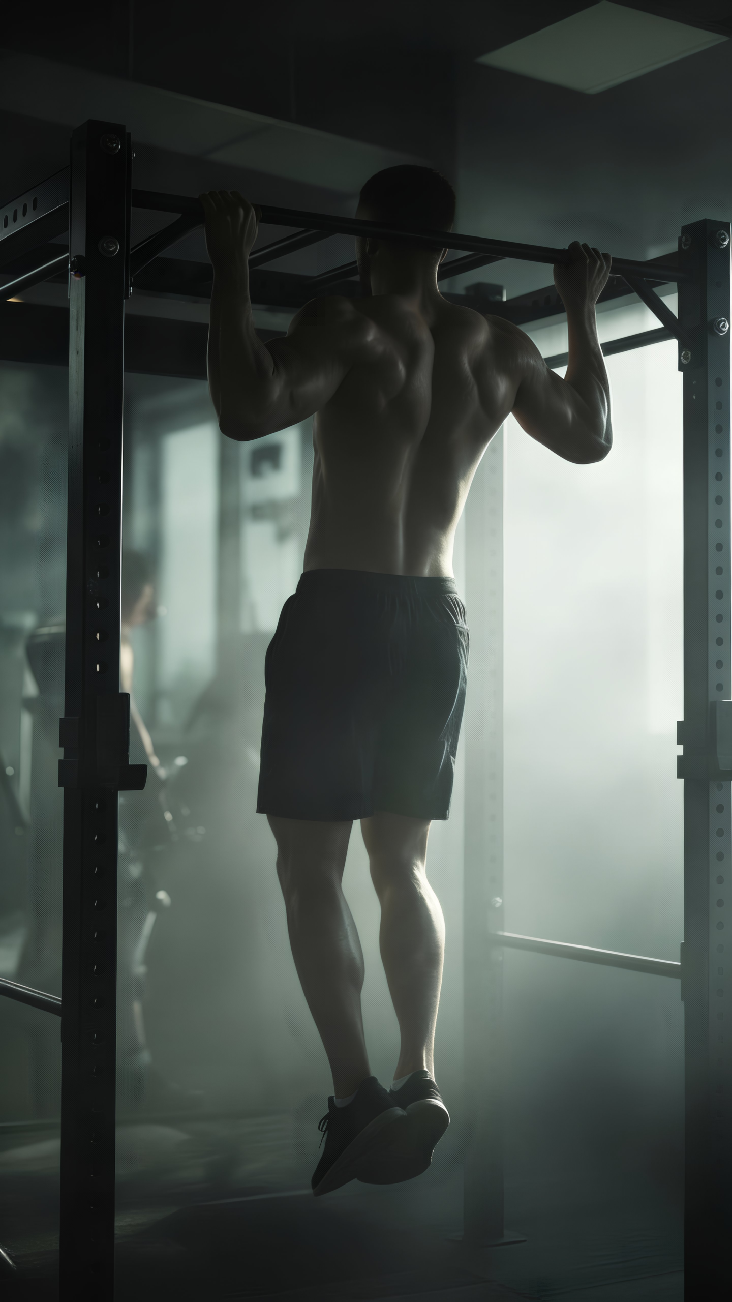 caucasian male backward on a pull-up bar in a foggy gym zoom
