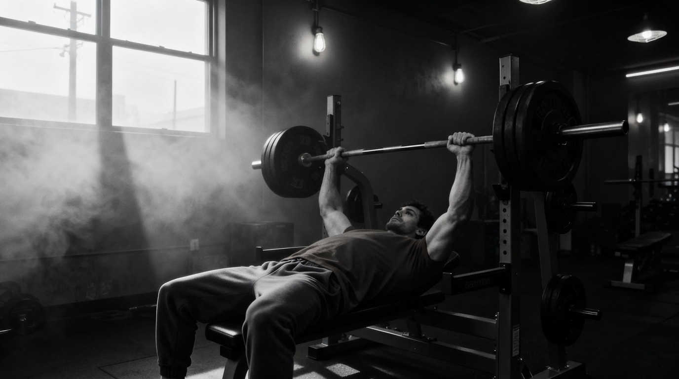 bw caucasian male lifting weights with fog coming through the windows